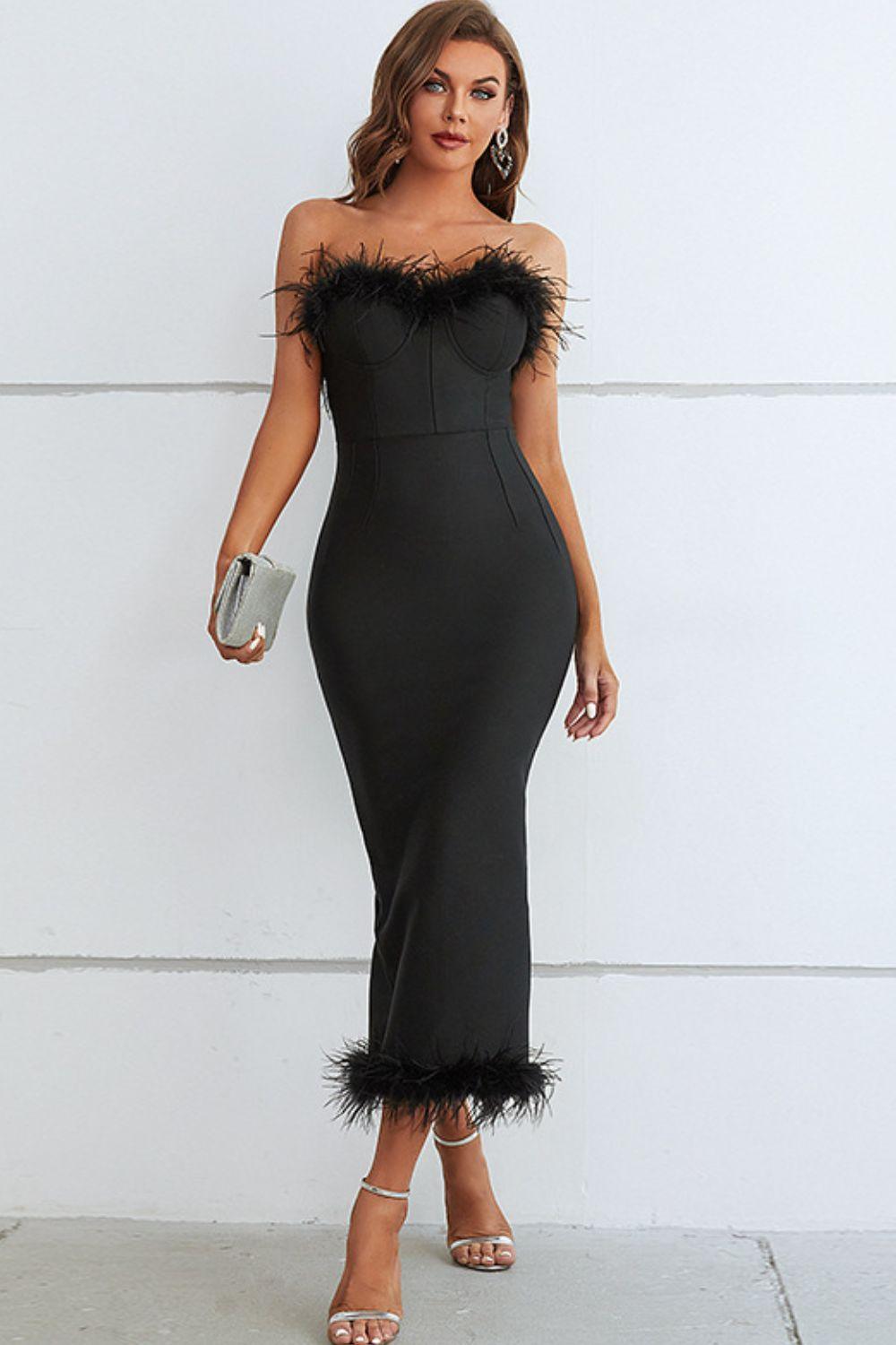 Feather Trim Strapless Sweetheart Neck Dress - Immenzive