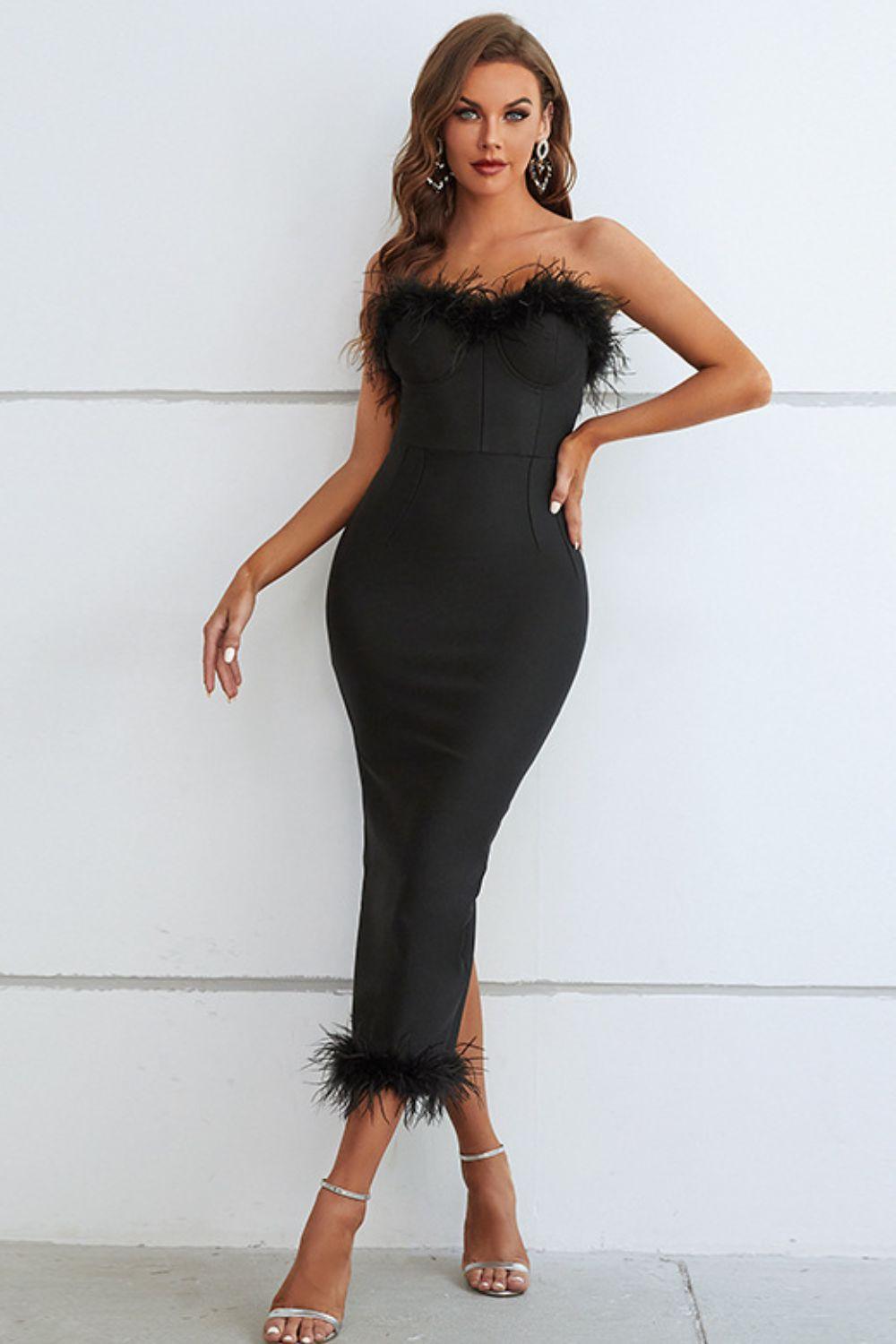 Feather Trim Strapless Sweetheart Neck Dress - Immenzive