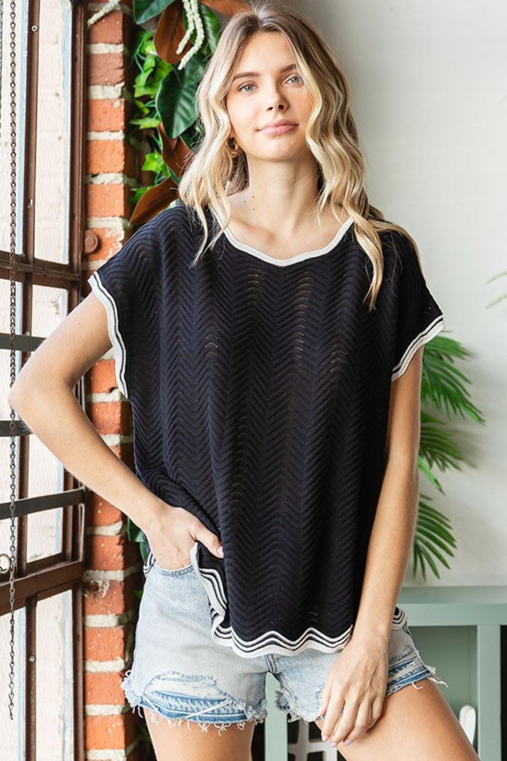 First Love Full Size Contrast Wavy Crochet Drop Shoulder Knit Top - Immenzive