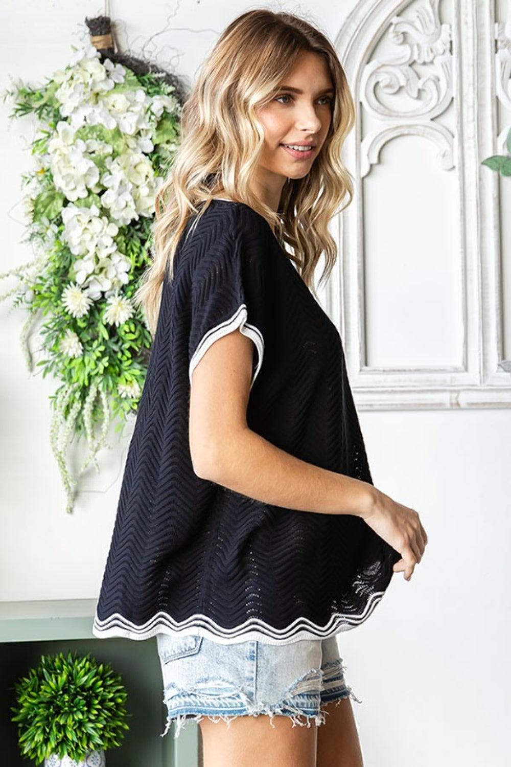 First Love Full Size Contrast Wavy Crochet Drop Shoulder Knit Top - Immenzive