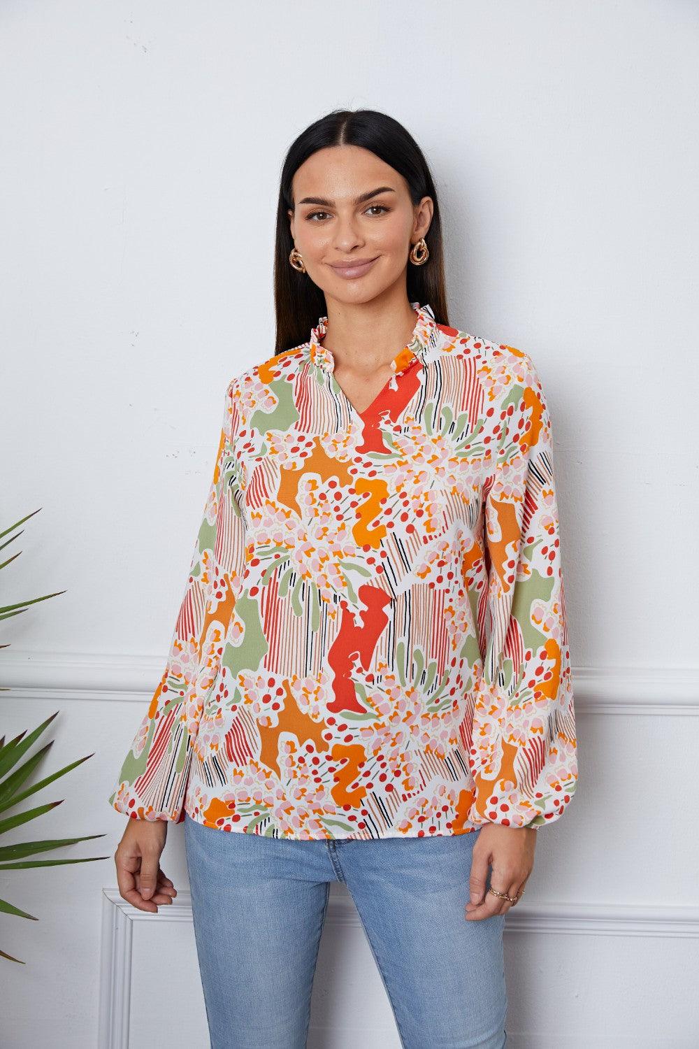 floral-frill-notched-long-sleeve-blouse - Immenzive