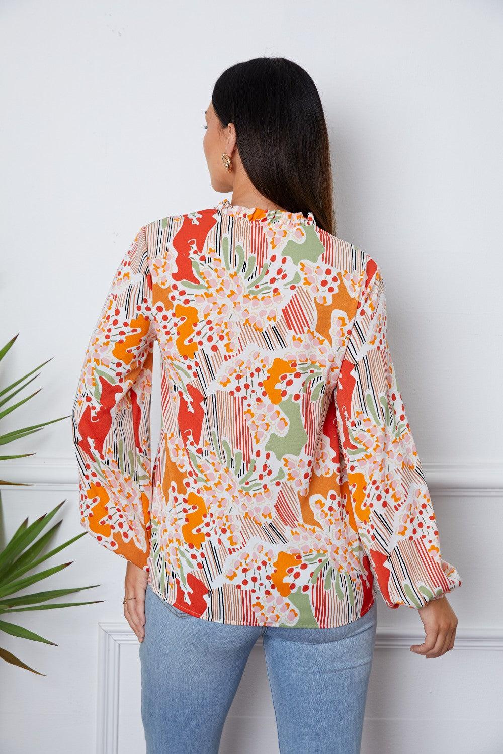 floral-frill-notched-long-sleeve-blouse - Immenzive