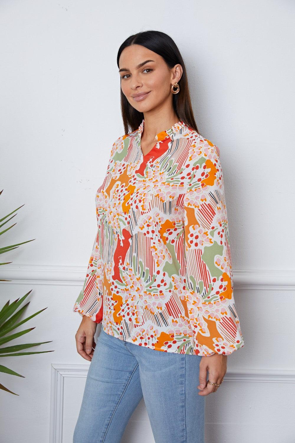 floral-frill-notched-long-sleeve-blouse - Immenzive