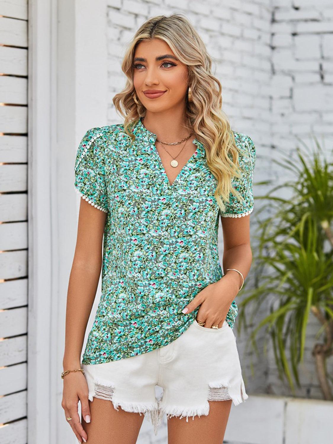 Floral Notched Neck Blouse - Immenzive