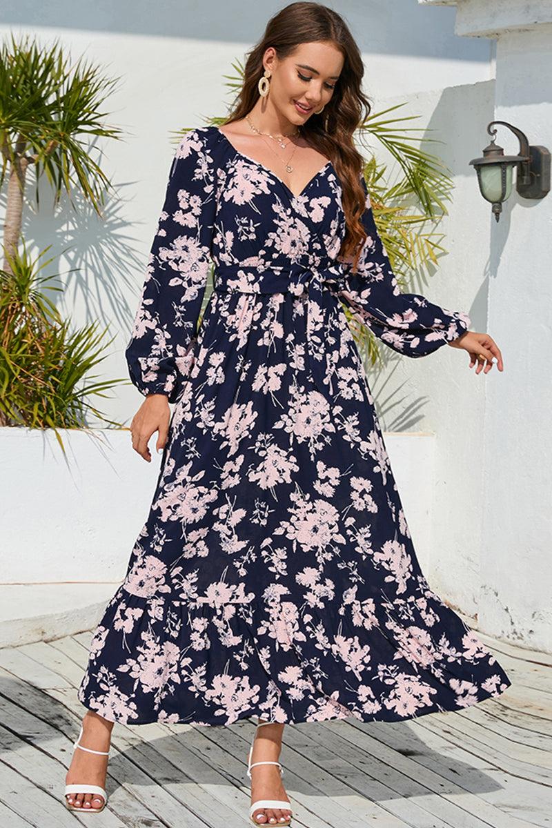 Floral Print V-Neck Long Sleeve Maxi Dress - Immenzive