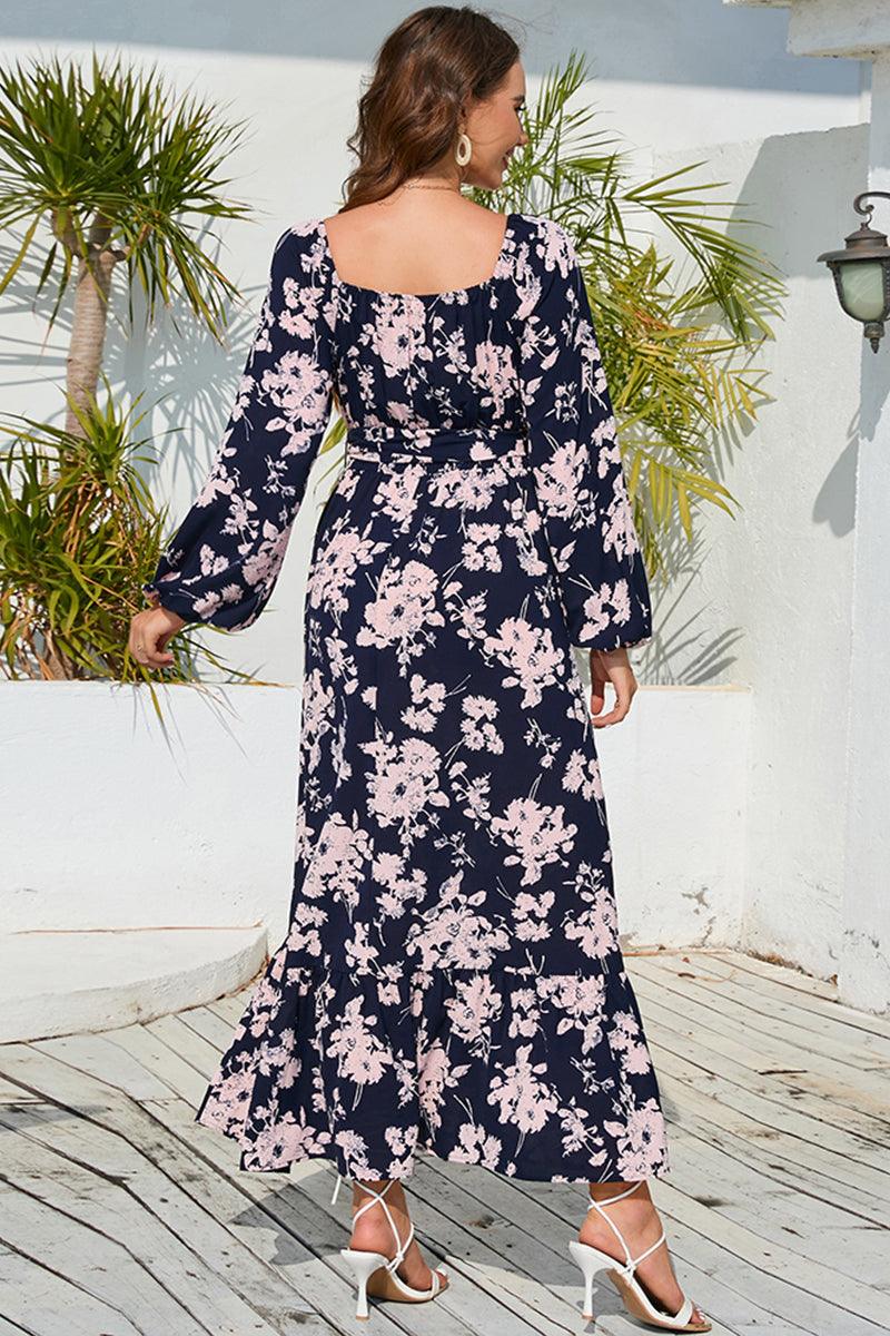 Floral Print V-Neck Long Sleeve Maxi Dress - Immenzive