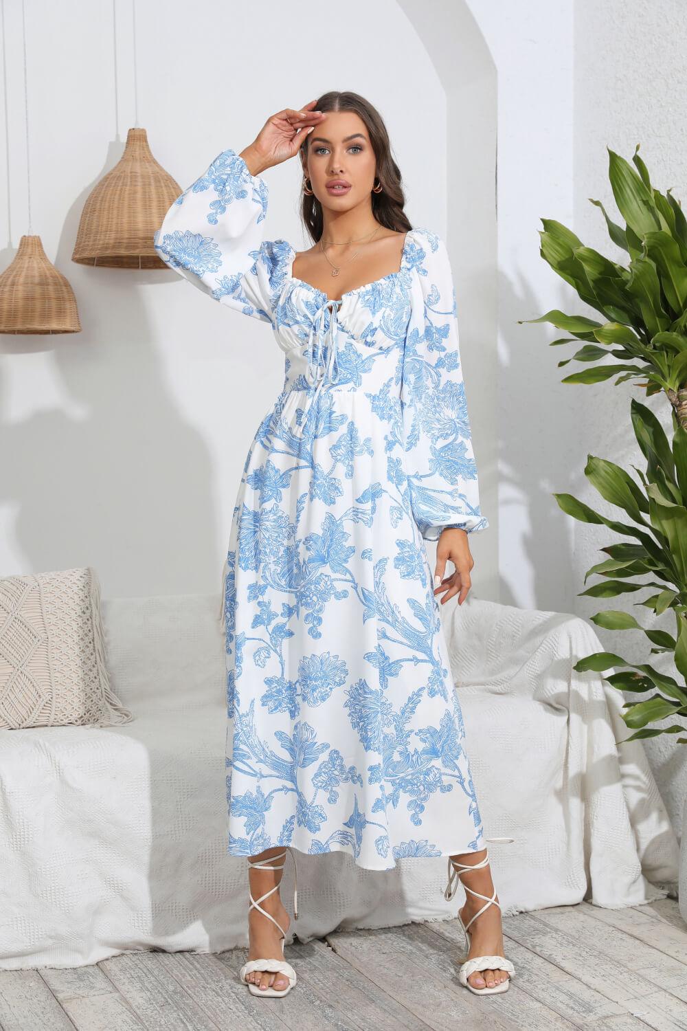 Floral Tie Front Sweetheart Neck Midi Dress - Immenzive