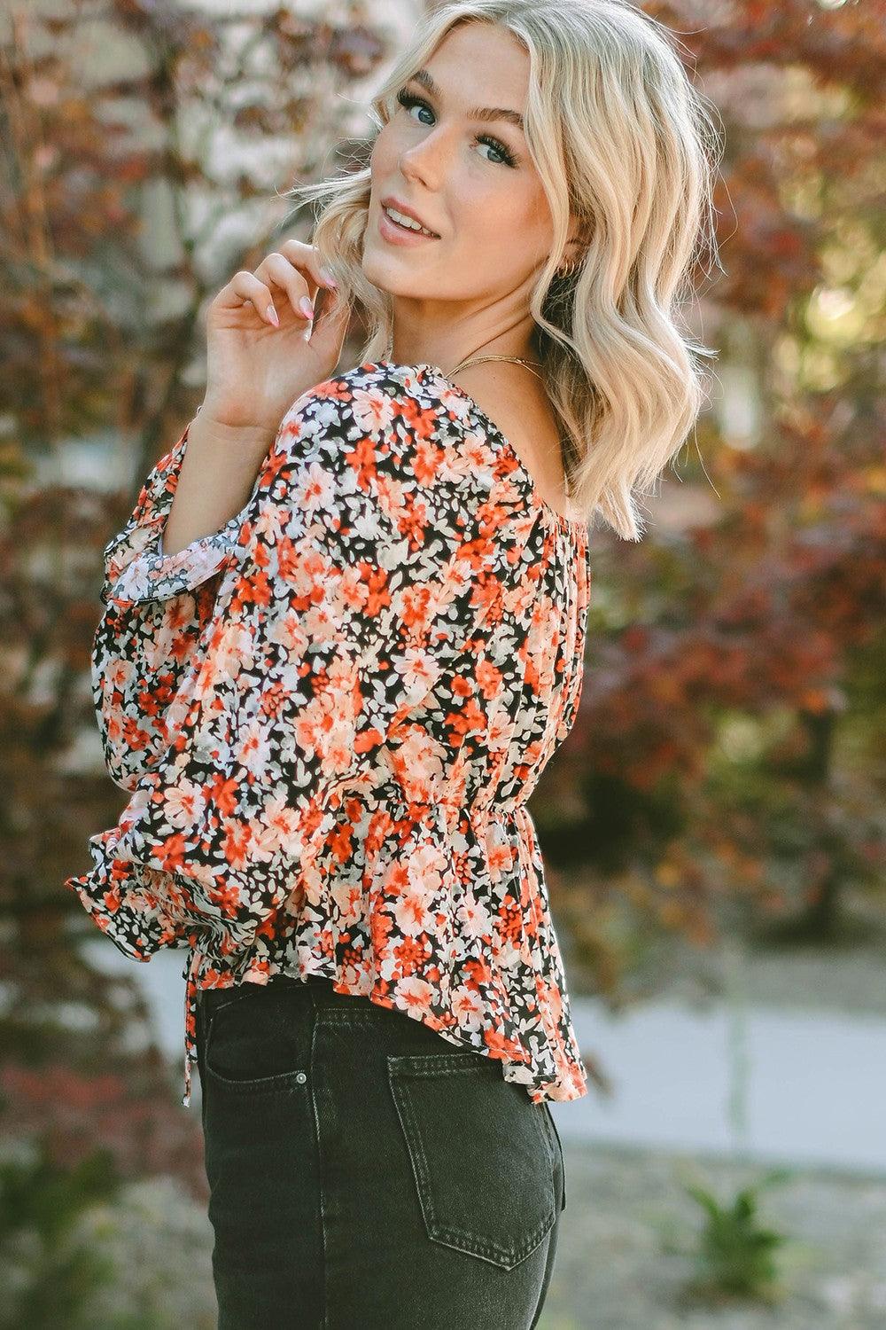 Floral Tied Flounce Sleeve Peplum Blouse - Immenzive