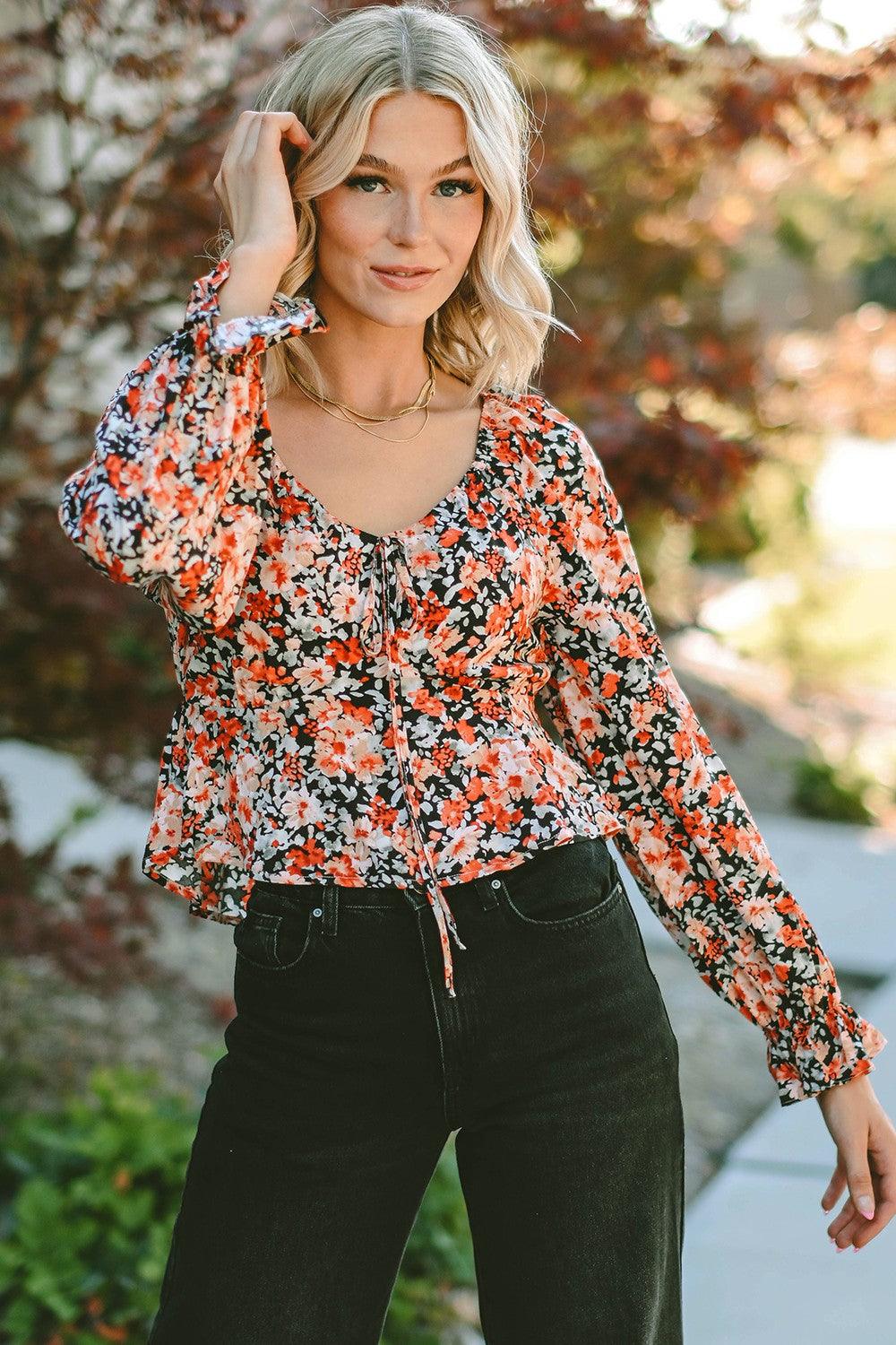 Floral Tied Flounce Sleeve Peplum Blouse - Immenzive