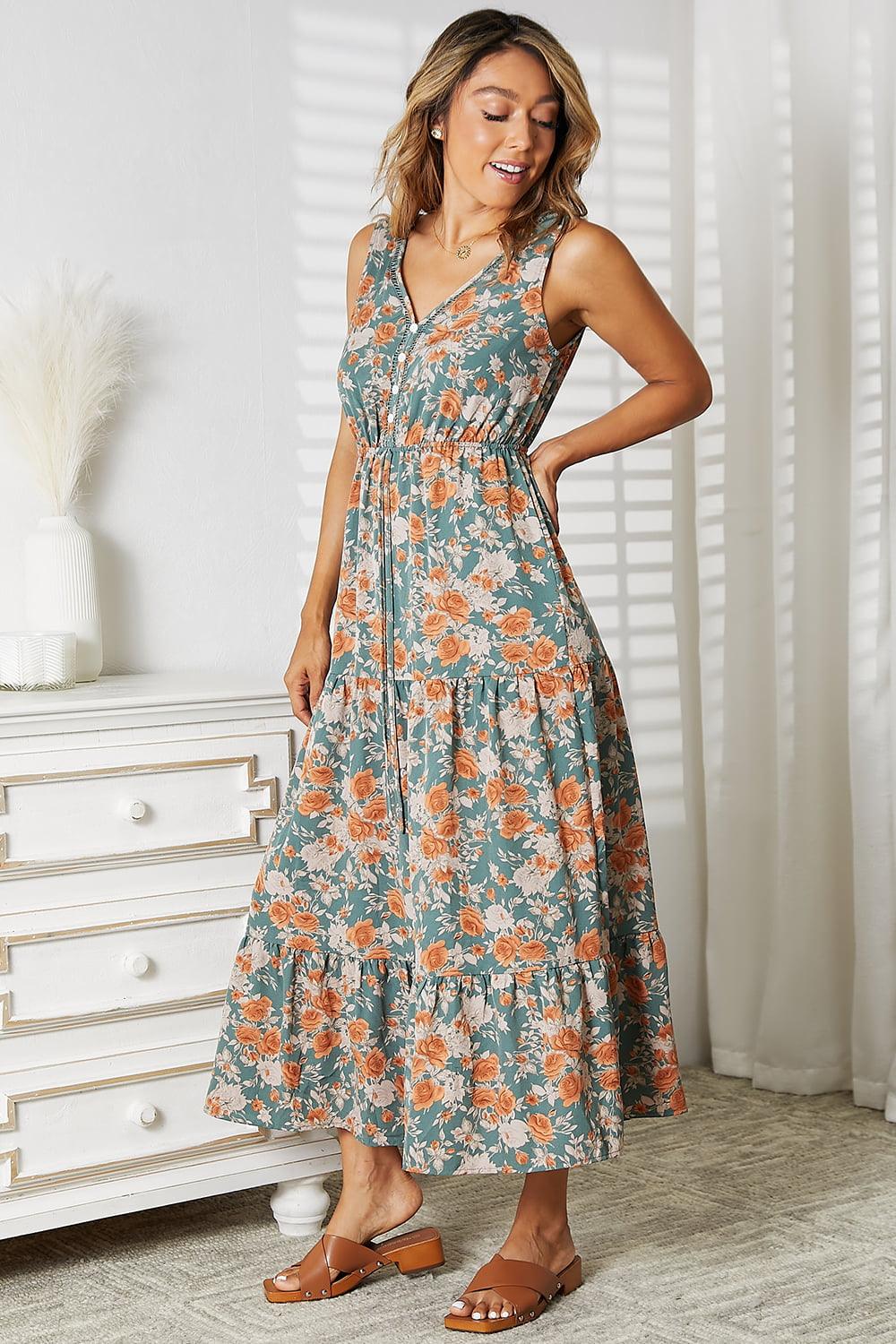 Floral V-Neck Tiered Sleeveless Dress - Immenzive