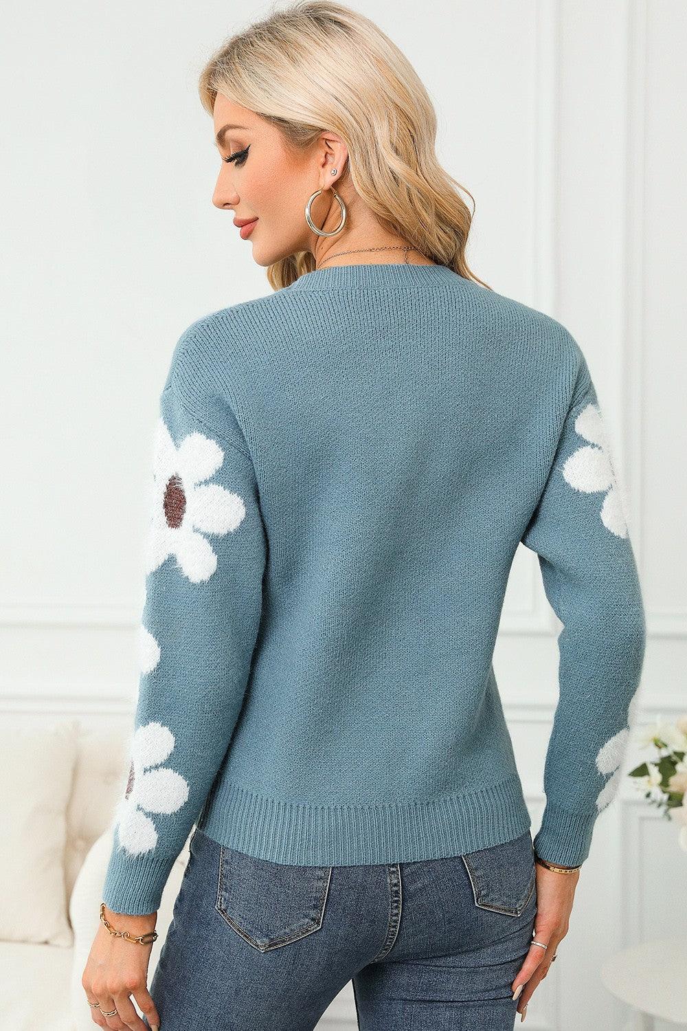 Flower Round Neck Long Sleeve Sweater - Immenzive