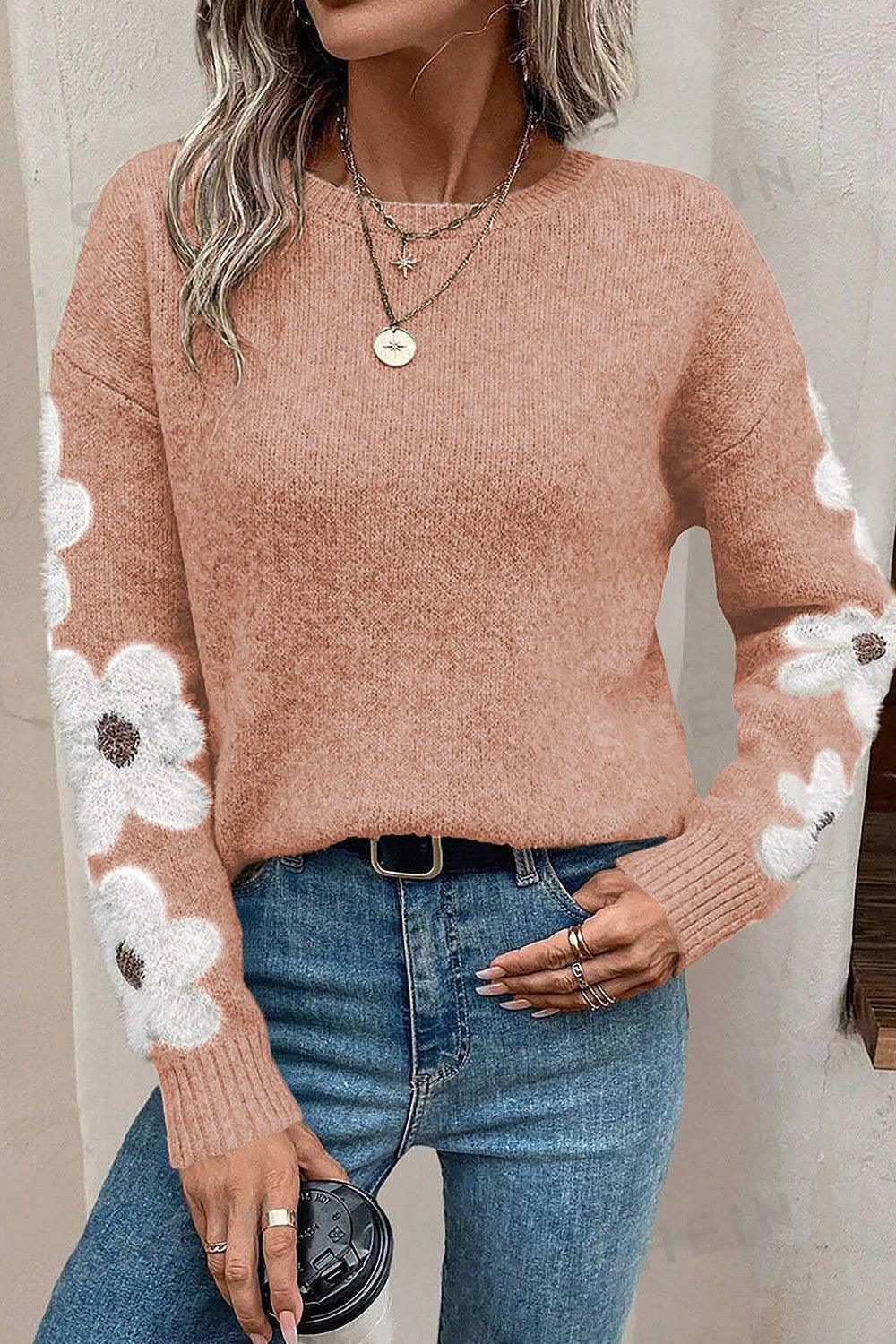 Flower Round Neck Long Sleeve Sweater - Immenzive