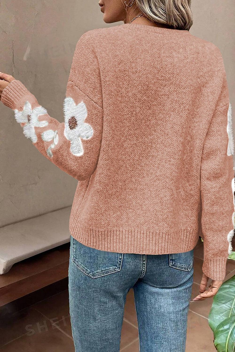 Flower Round Neck Long Sleeve Sweater - Immenzive