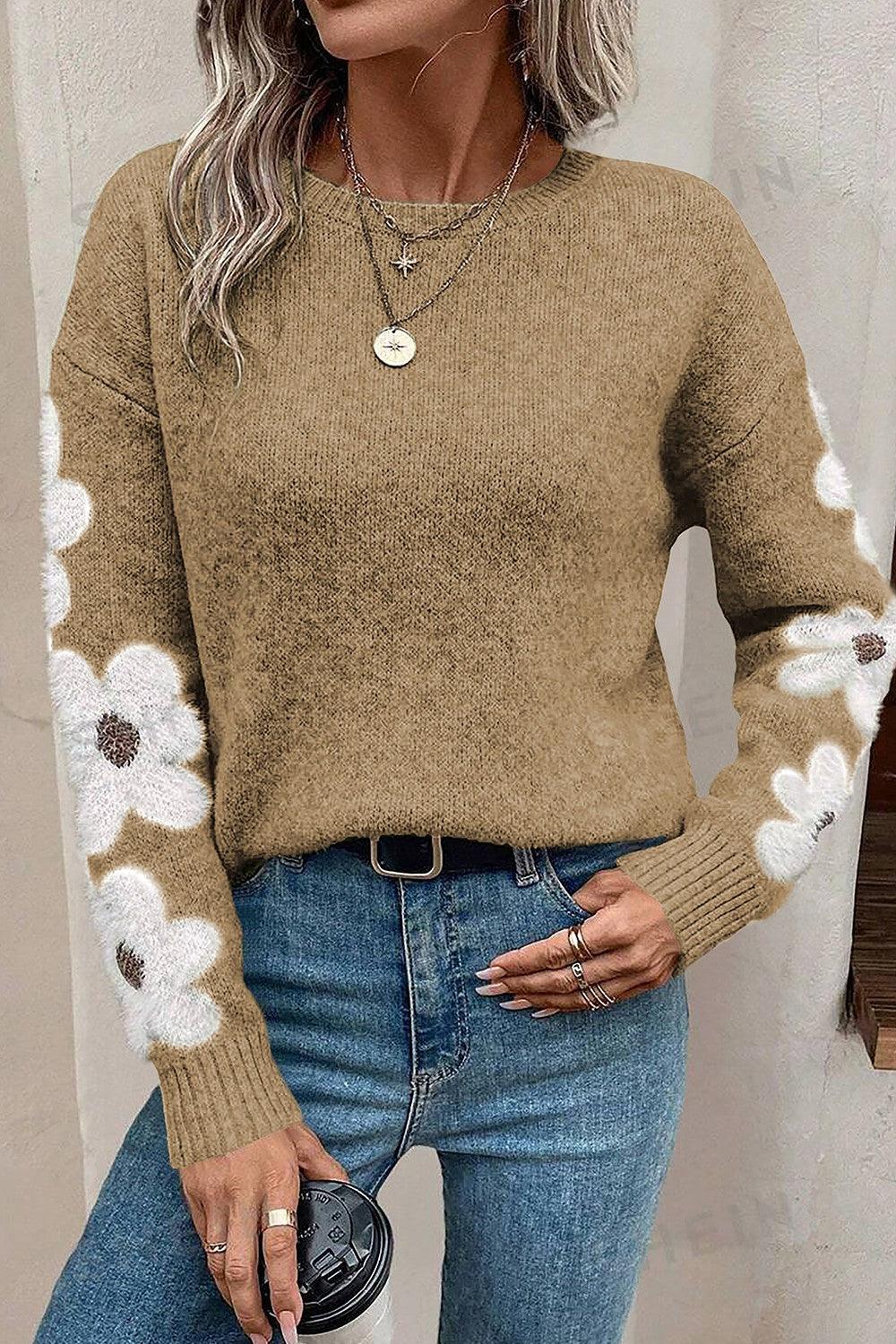 Flower Round Neck Long Sleeve Sweater - Immenzive