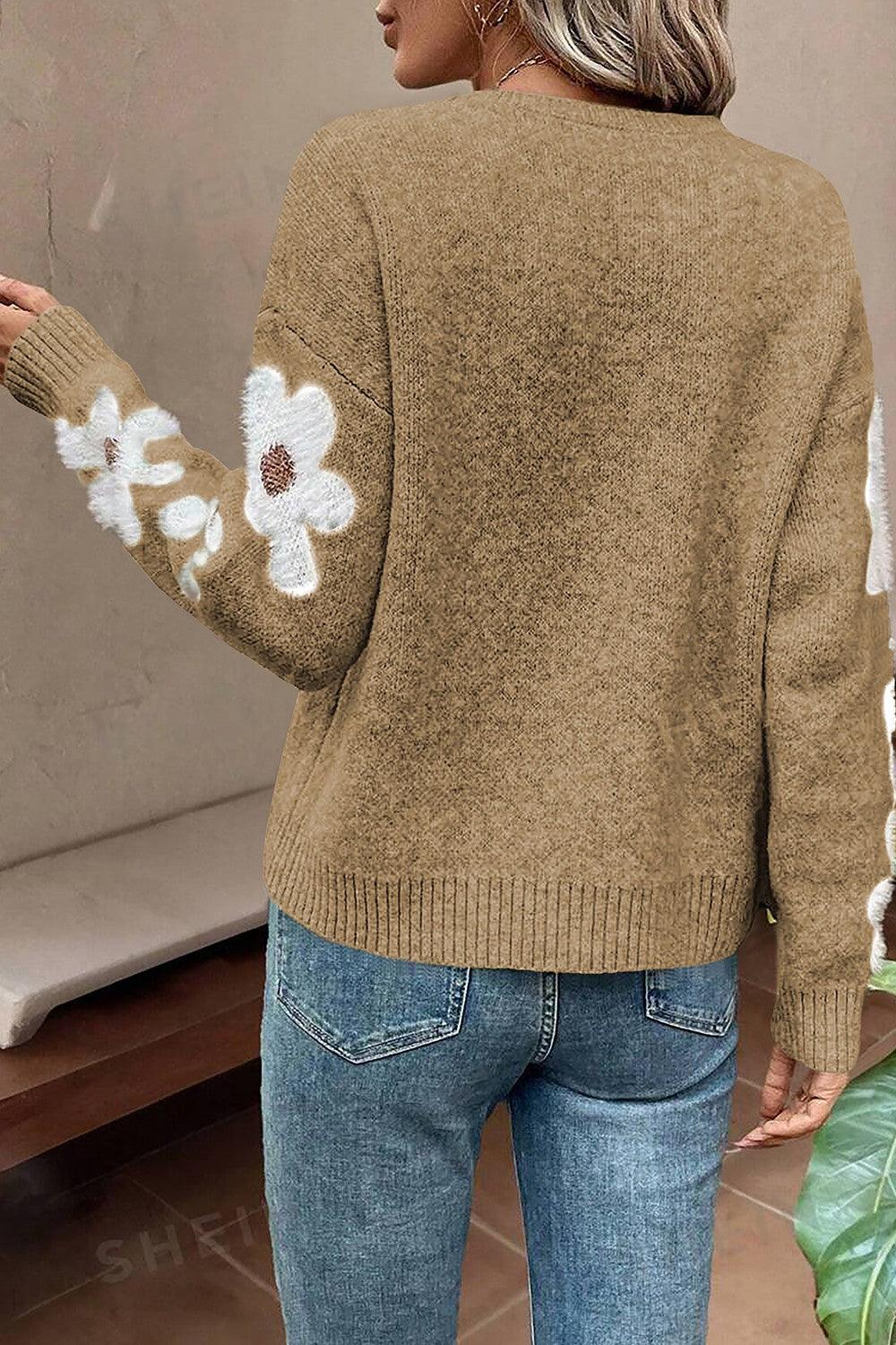 Flower Round Neck Long Sleeve Sweater - Immenzive