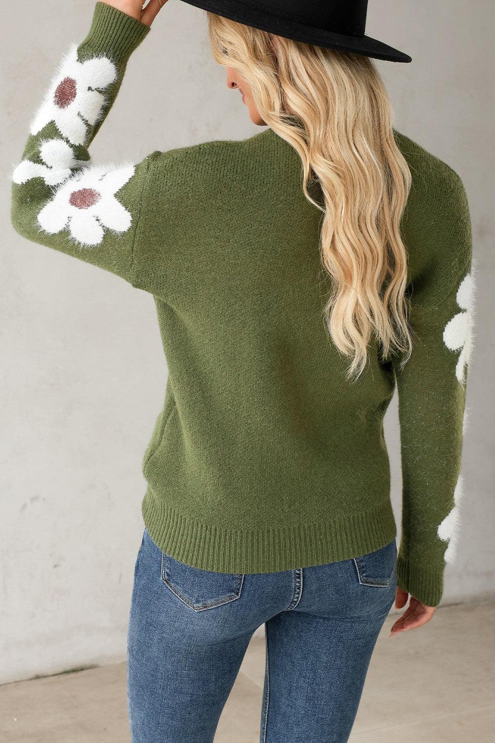 Flower Round Neck Long Sleeve Sweater - Immenzive