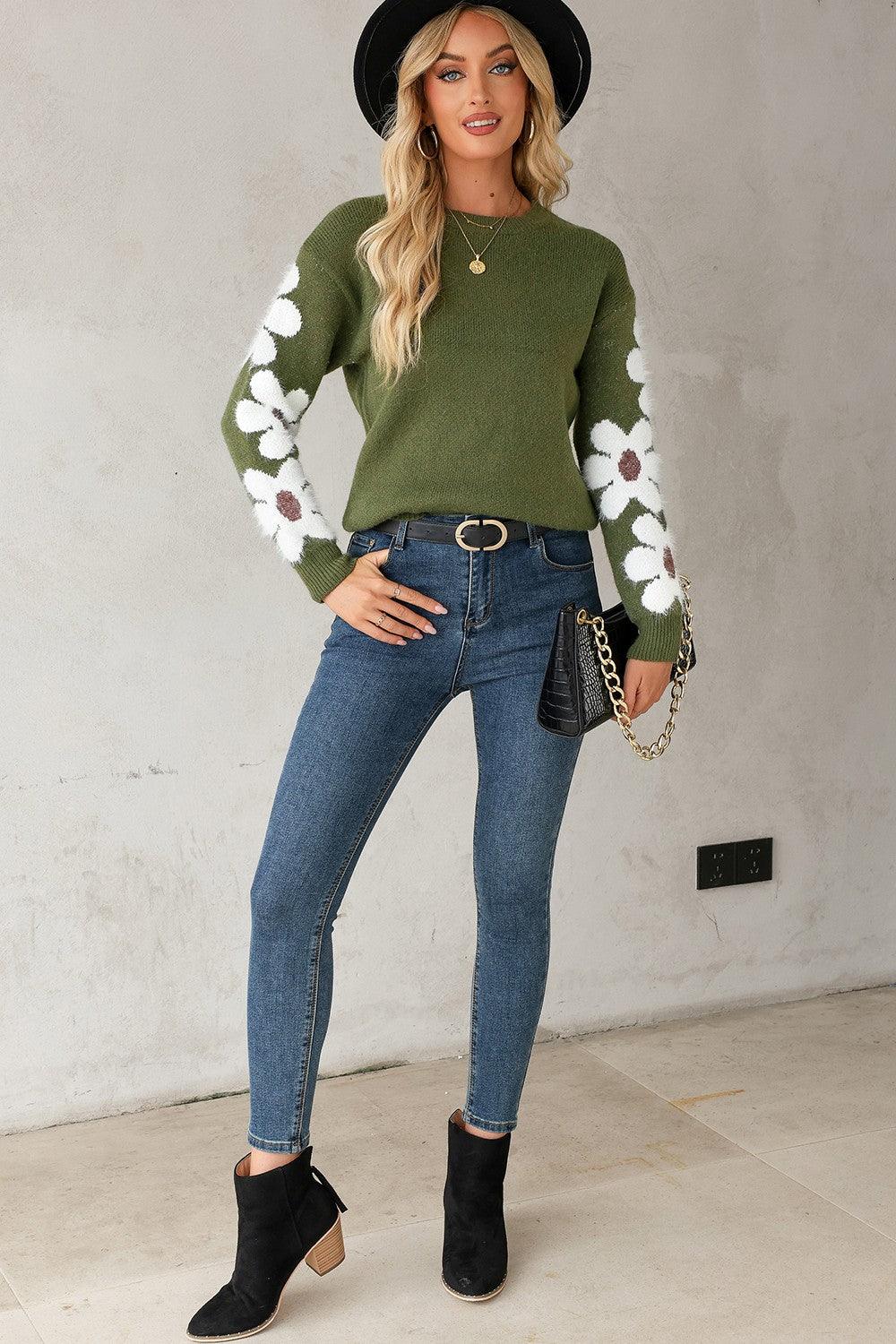 Flower Round Neck Long Sleeve Sweater - Immenzive