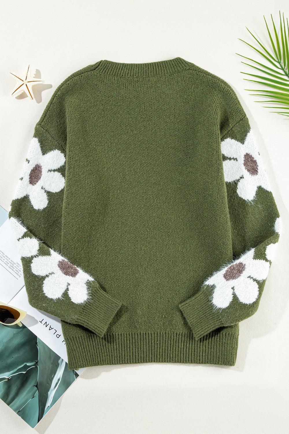 Flower Round Neck Long Sleeve Sweater - Immenzive