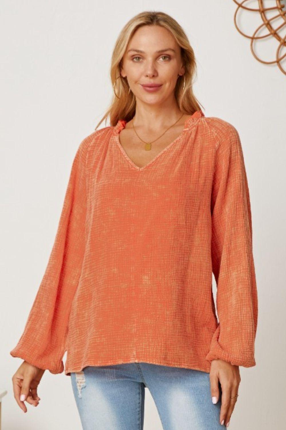 frill-v-neck-balloon-sleeve-blouse - Immenzive