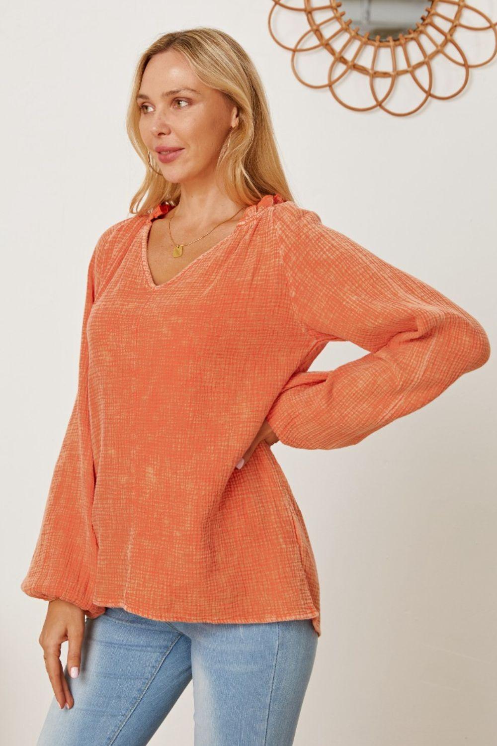 frill-v-neck-balloon-sleeve-blouse - Immenzive