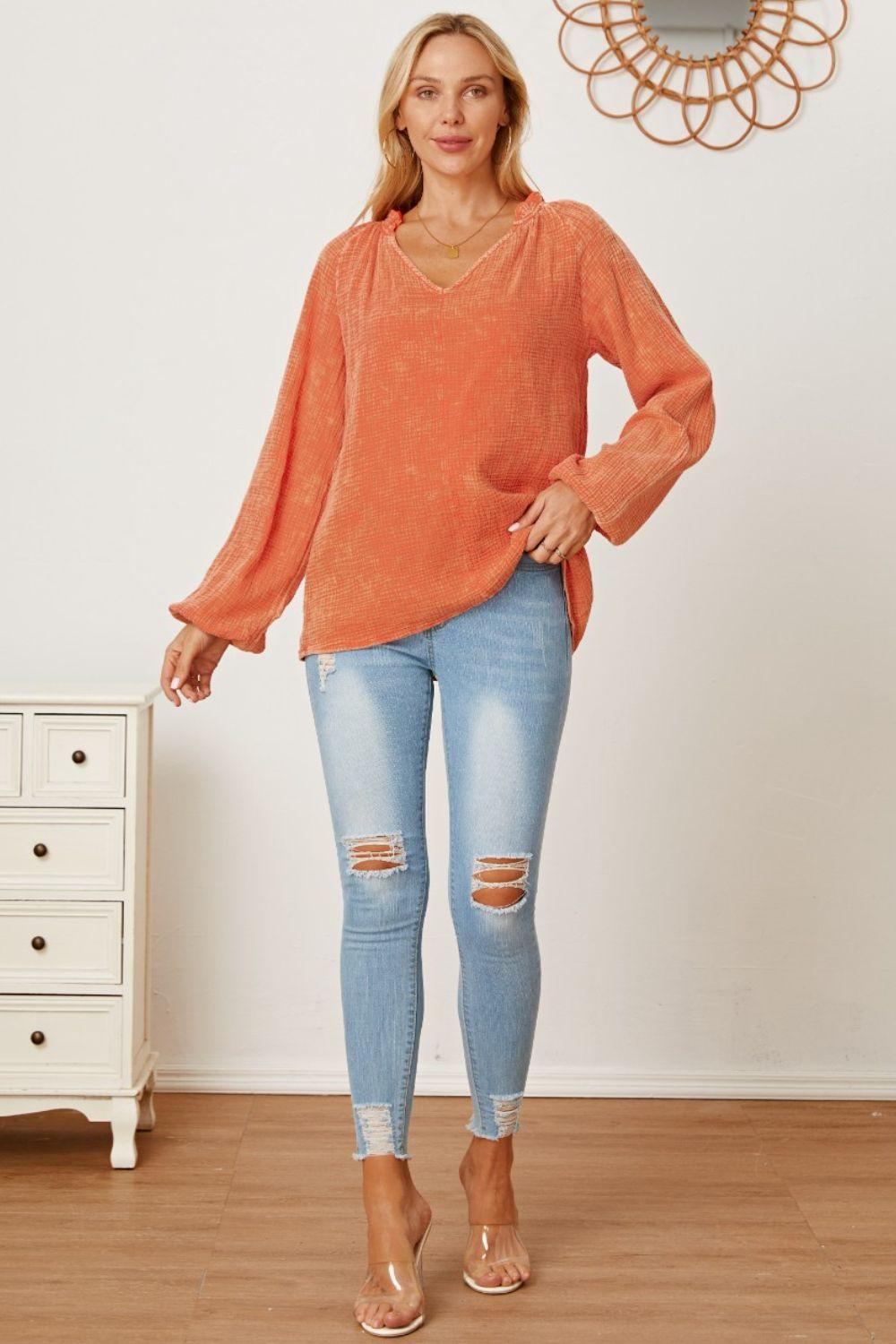 frill-v-neck-balloon-sleeve-blouse - Immenzive