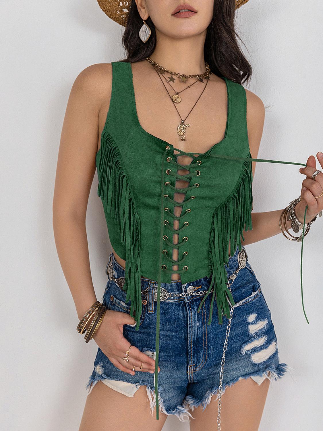 Fringe Lace-Up Wide Strap Tank - Immenzive