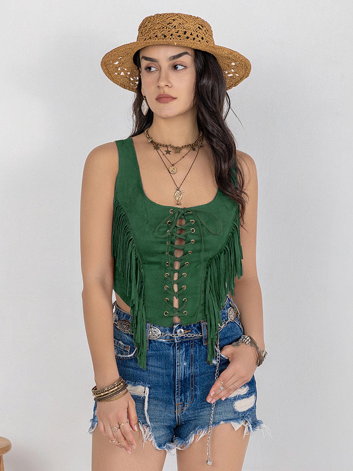 Fringe Lace-Up Wide Strap Tank - Immenzive