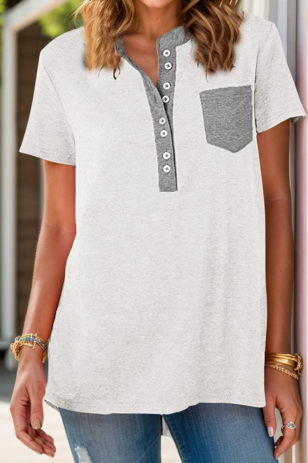 Full Size Half Button Short Sleeve T-Shirt - Immenzive