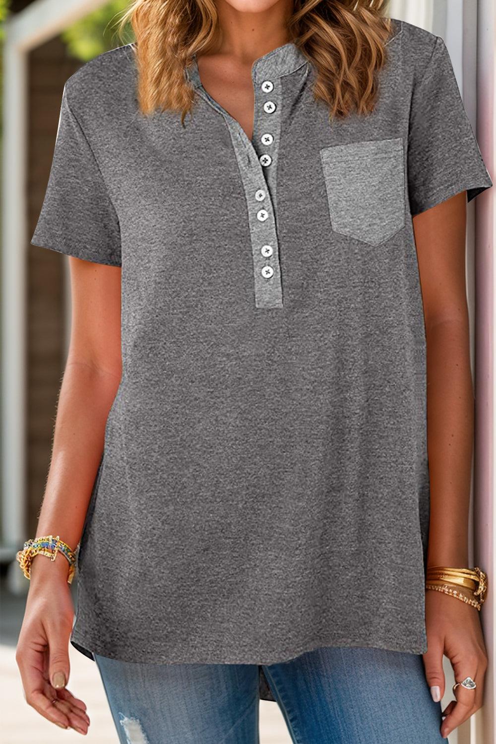 Full Size Half Button Short Sleeve T-Shirt - Immenzive