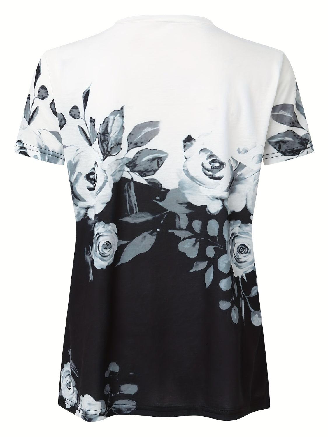 Full Size Printed Notched Short Sleeve Blouse - Immenzive