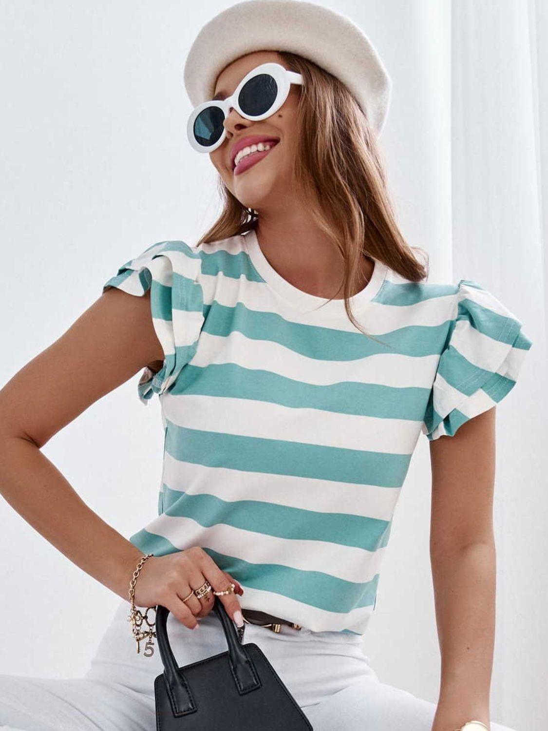 Full Size Striped Round Neck Cap Sleeve T-Shirt - Immenzive