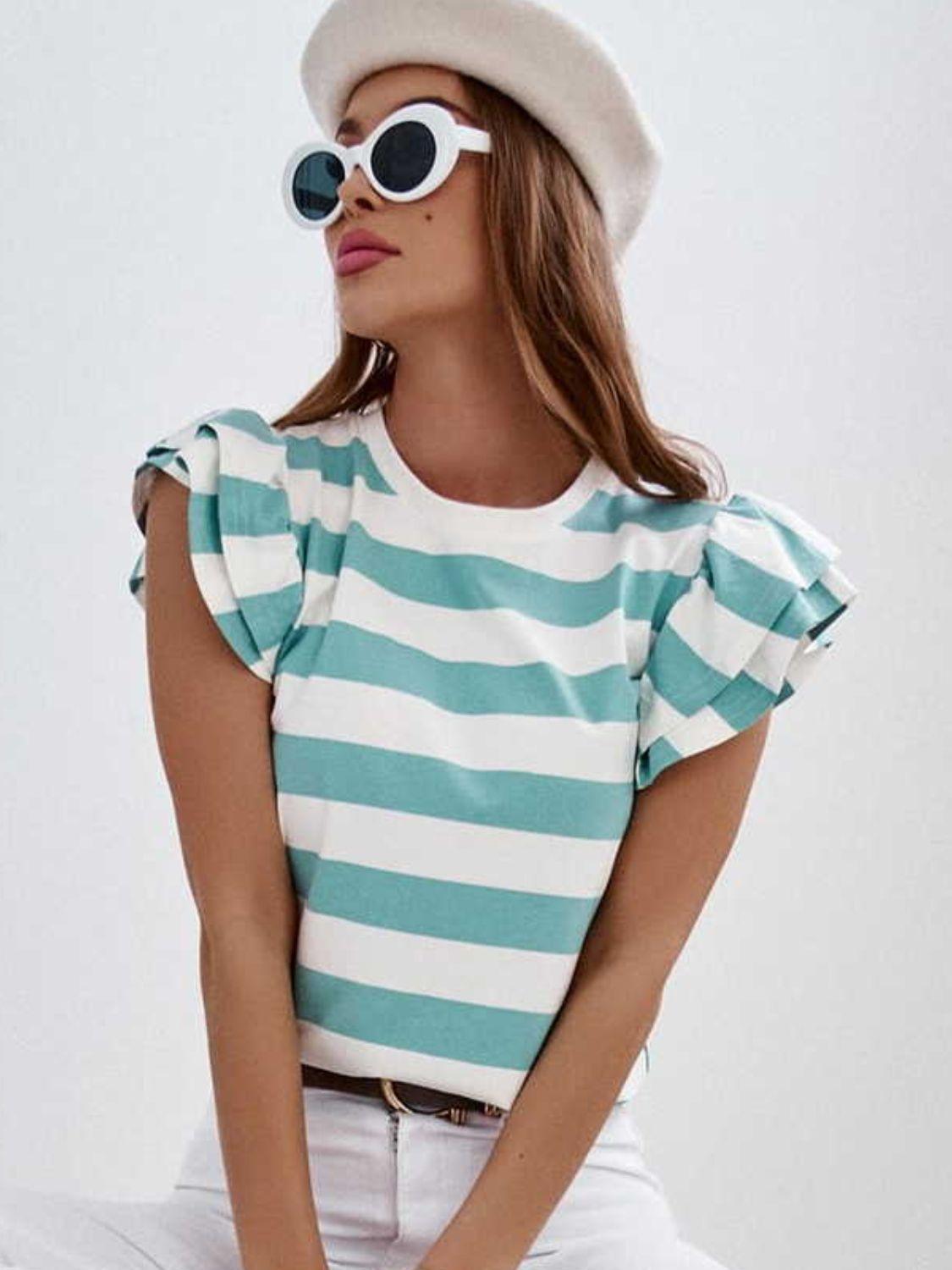 Full Size Striped Round Neck Cap Sleeve T-Shirt - Immenzive