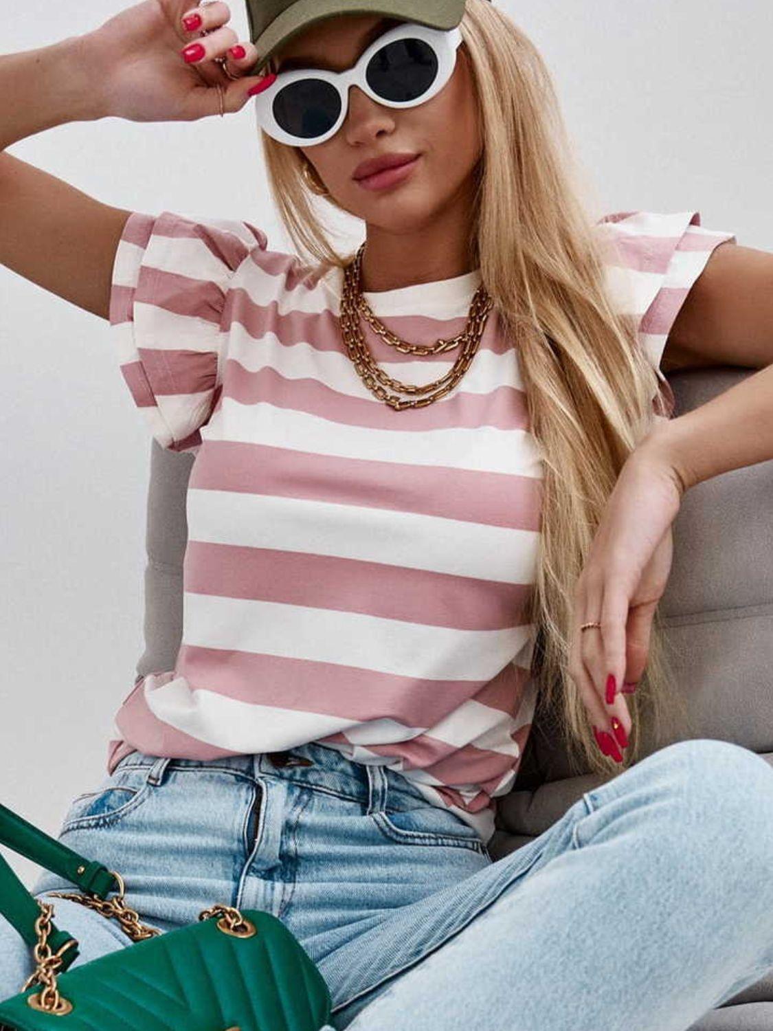 Full Size Striped Round Neck Cap Sleeve T-Shirt - Immenzive