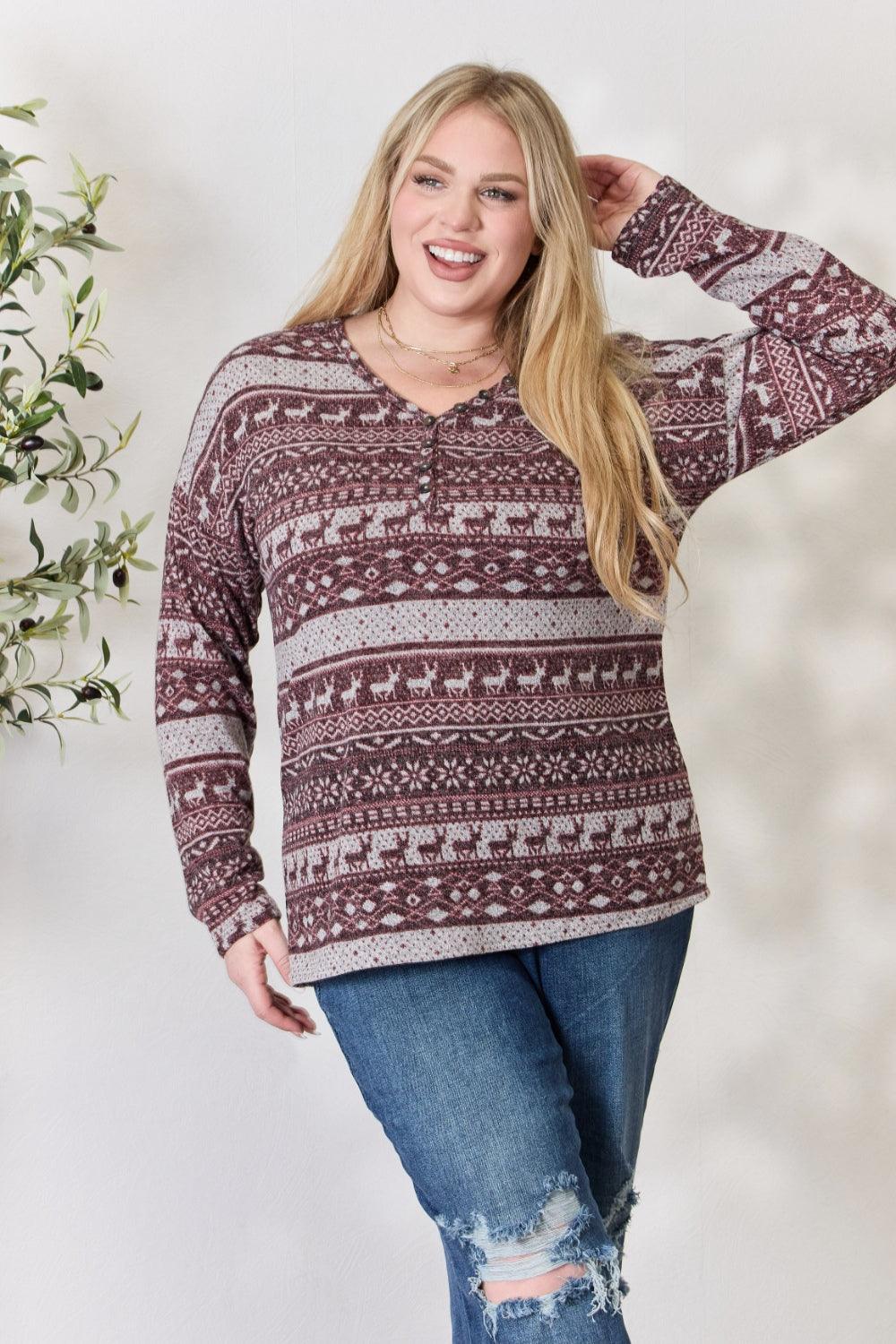 Heimish Full Size Christmas Element Buttoned Long Sleeve Top - Immenzive