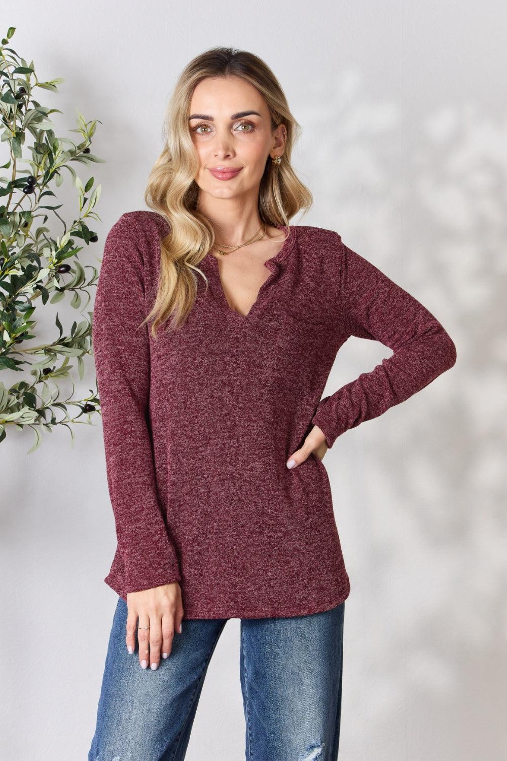 Heimish Full Size Notched Long Sleeve Top - Immenzive