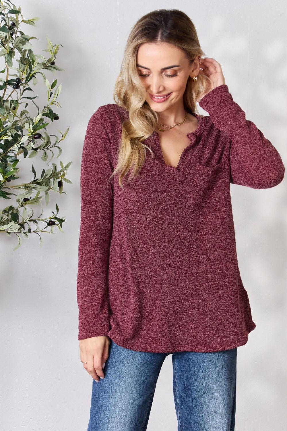 Heimish Full Size Notched Long Sleeve Top - Immenzive