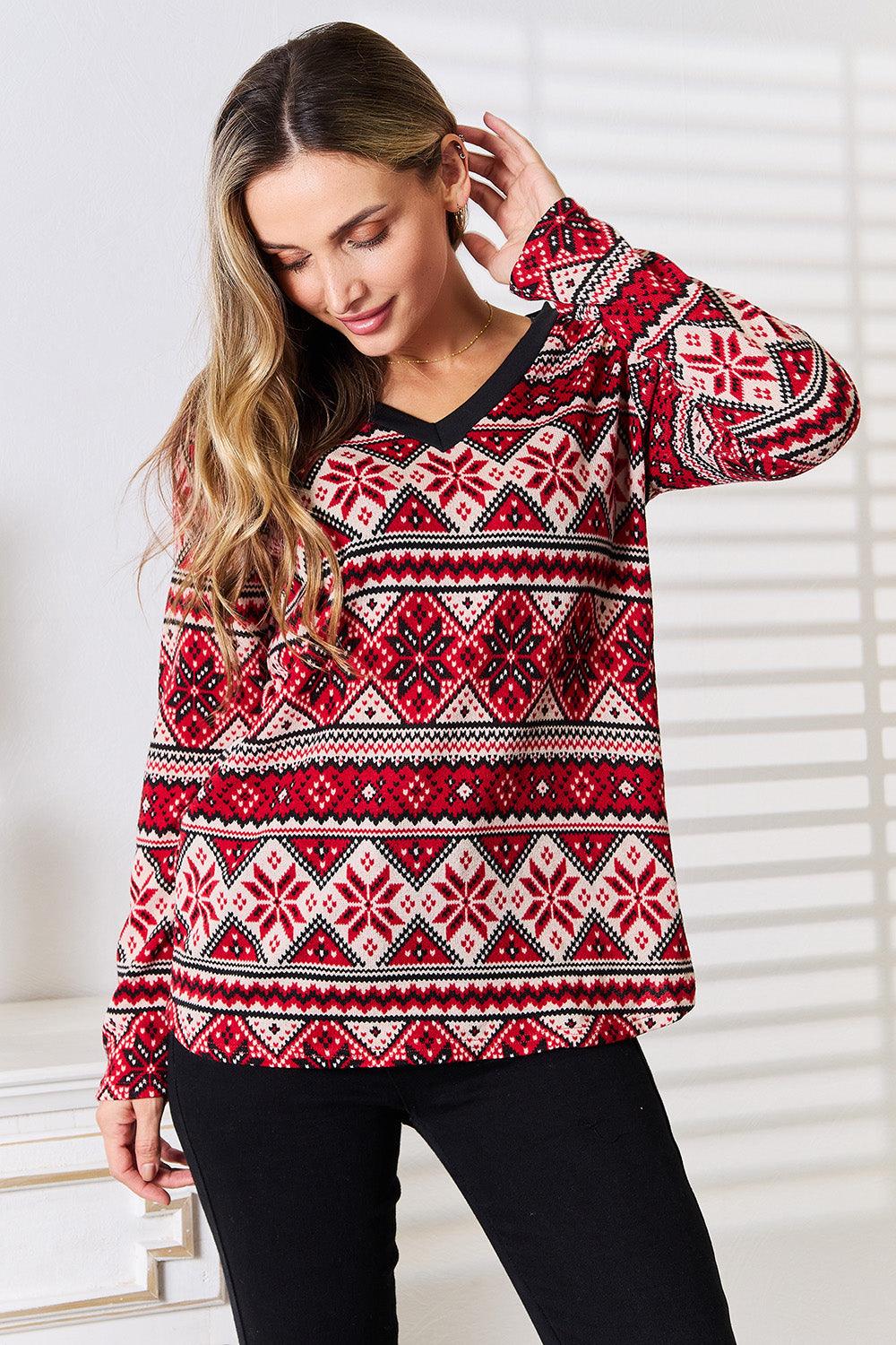 Heimish Full Size Snowflake Print Long Sleeve Top - Immenzive