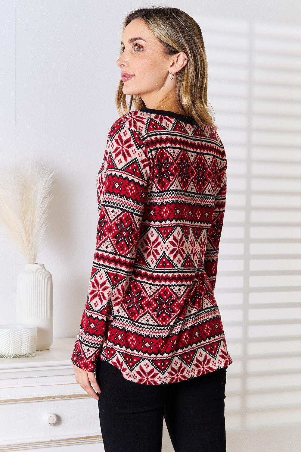 Heimish Full Size Snowflake Print Long Sleeve Top - Immenzive