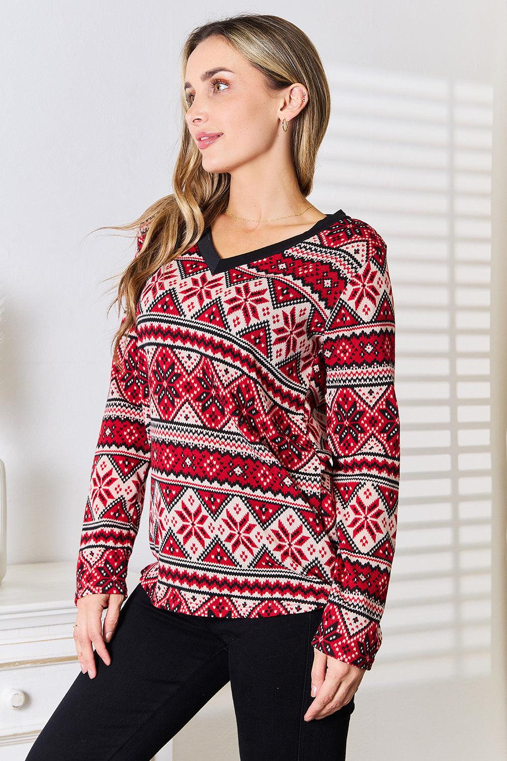 Heimish Full Size Snowflake Print Long Sleeve Top - Immenzive