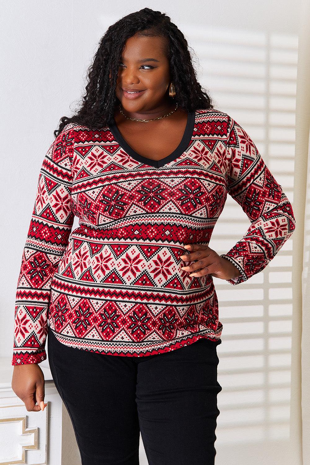 Heimish Full Size Snowflake Print Long Sleeve Top - Immenzive