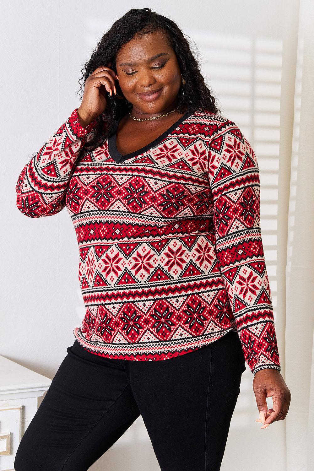 Heimish Full Size Snowflake Print Long Sleeve Top - Immenzive