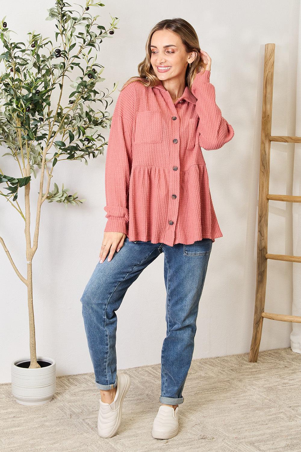 Heimish Full Size Waffle-Knit Button Down Blouse - Immenzive