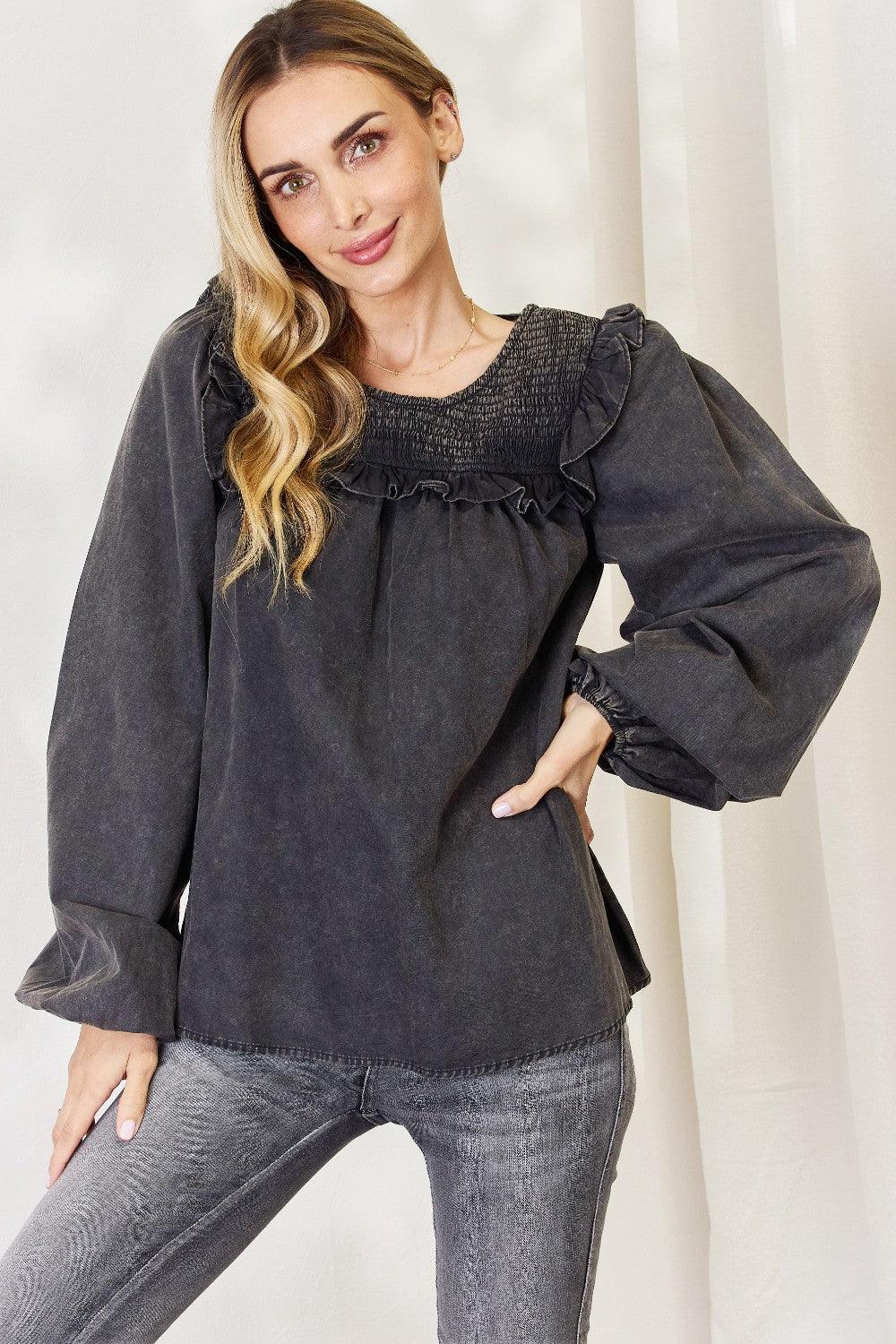 HEYSON Full Size Mineral Wash Smocked Round Neck Blouse - Immenzive