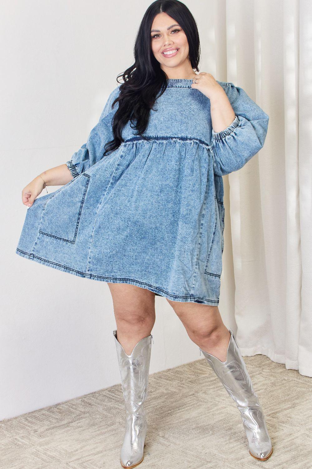 HEYSON Full Size Oversized Denim Babydoll Dress - Immenzive