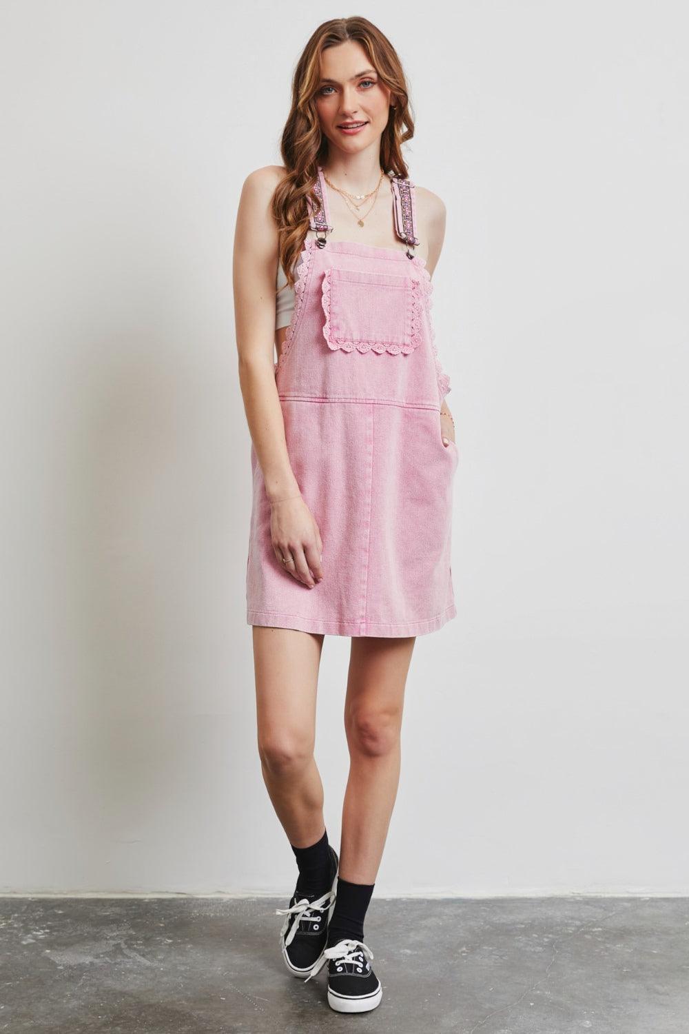 HEYSON Lace Trim Washed Overall Dress - Immenzive