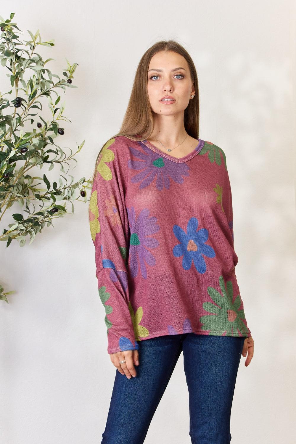 Hopely Full Size Floral V-Neck Long Sleeve Top - Immenzive