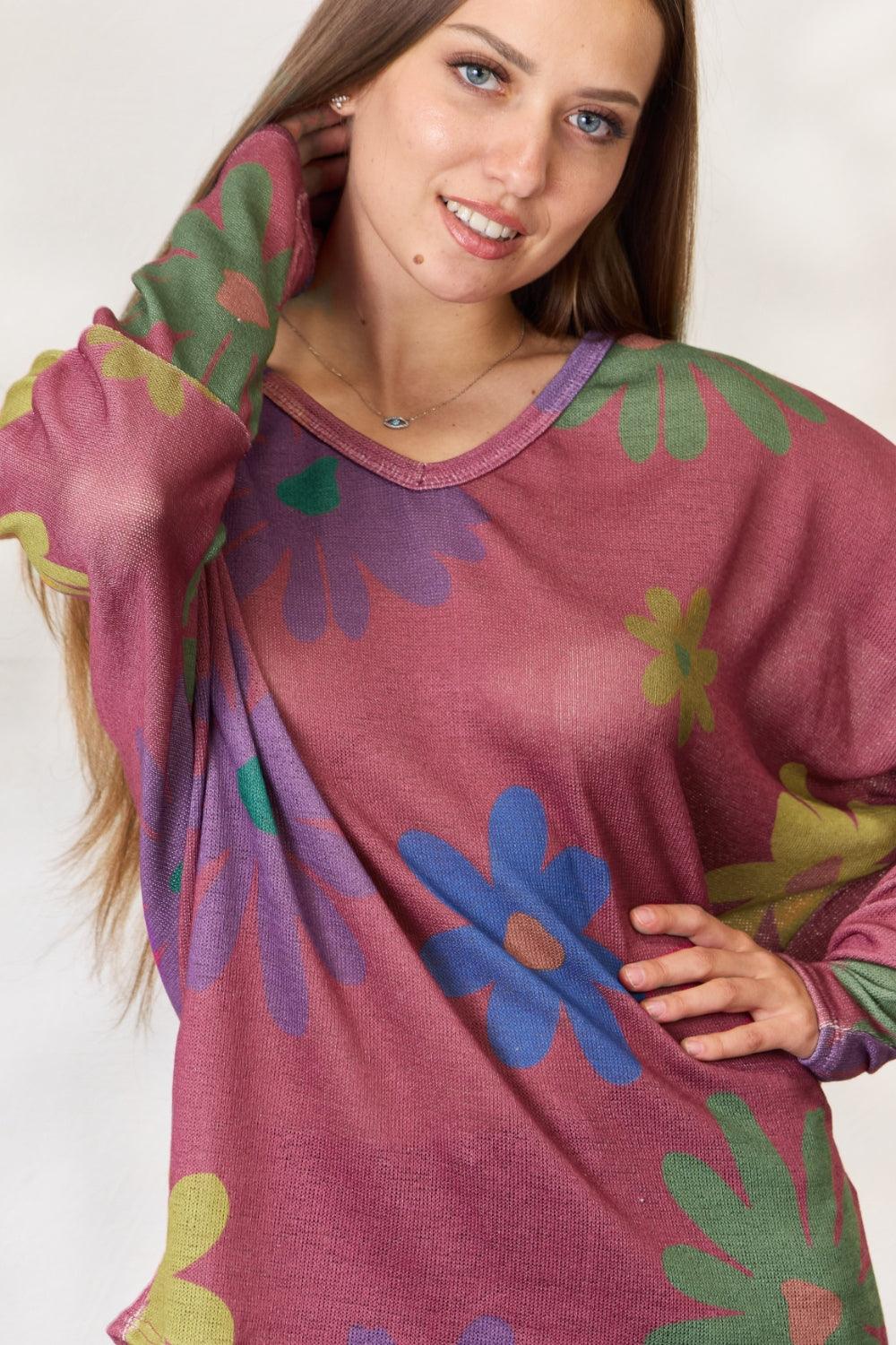 Hopely Full Size Floral V-Neck Long Sleeve Top - Immenzive