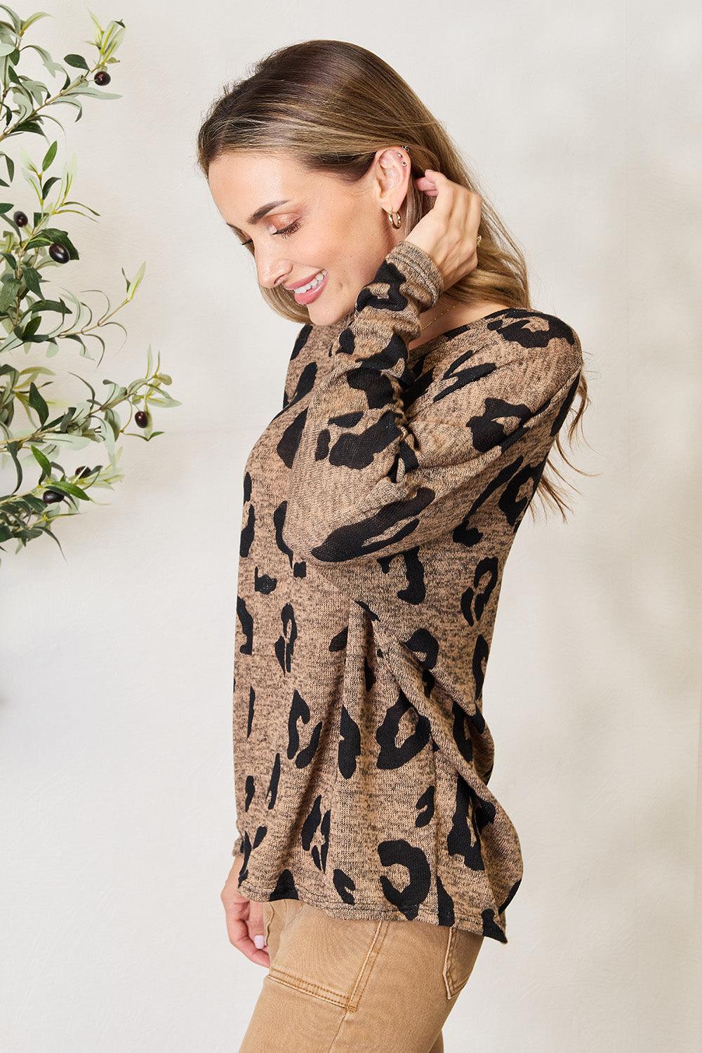 Hopely Full Size Leopard V-Neck Long Sleeve T-Shirt - Immenzive