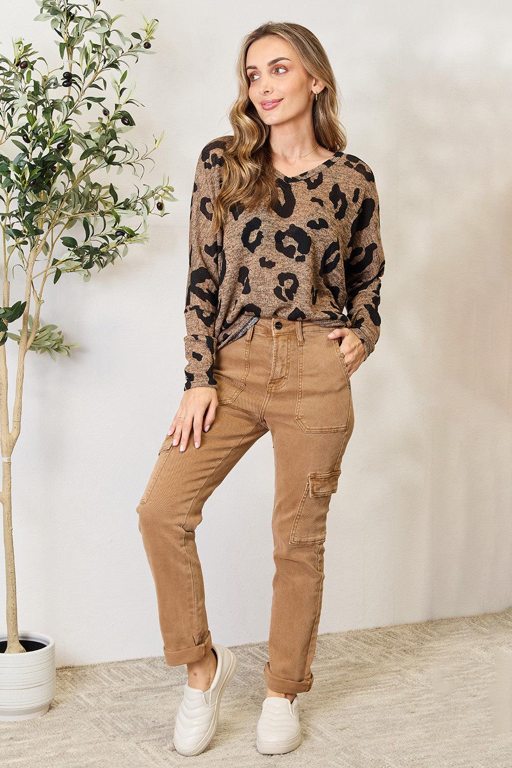 Hopely Full Size Leopard V-Neck Long Sleeve T-Shirt - Immenzive