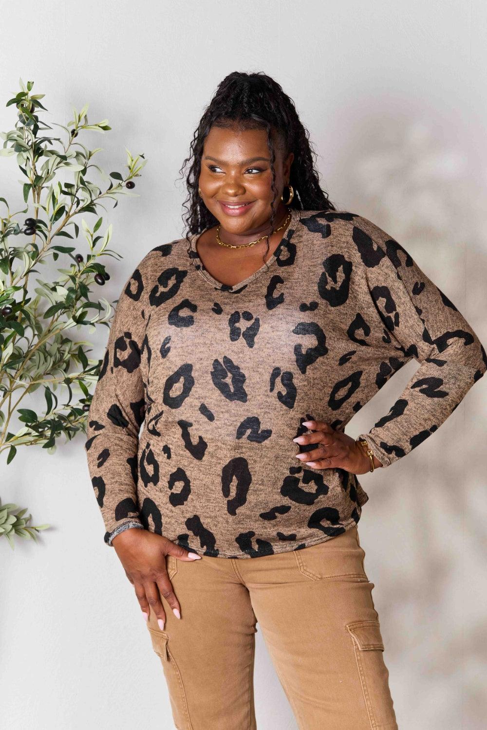 Hopely Full Size Leopard V-Neck Long Sleeve T-Shirt - Immenzive